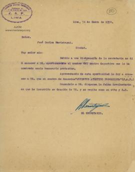 Carta del Centro Juventud Atlético Progresista, 31/1/1930