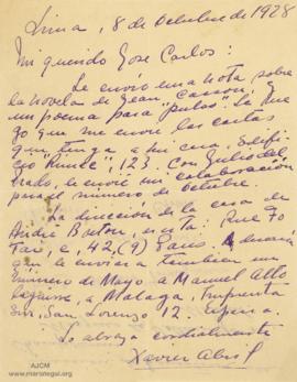 Carta de Xavier Abril,8/10/1928