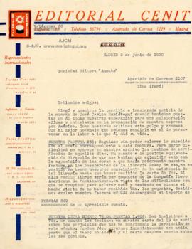 Carta de Editorial Cenit S.A,9/6/1930