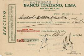 Constancia de Abono al Banco Italiano de Lima, 15/4/1930