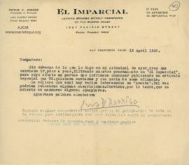 Carta de Luis A. Rodríguez O. (Luis de Rodrigo), 16/4/1929