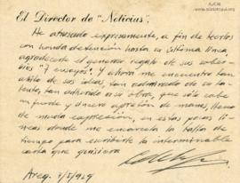 Tarjeta de Luis de la Jara, 7/1/1929