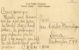 Tarjeta Postal de Carlos Manuel Cox, 11/6/1926
