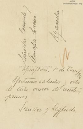 Tarjeta Postal a María Consuelo Cavero Mariátegui y Amalia Cavero Mariátegui, 1/1/1924