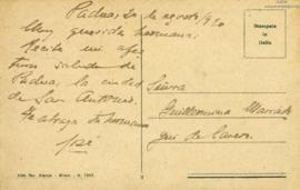 Tarjeta Postal a Guillermina Mariátegui de Cavero, 20/8/1920