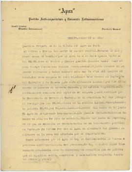 Carta de Víctor Raúl a la Célula del Apra en París, 30/01/1929