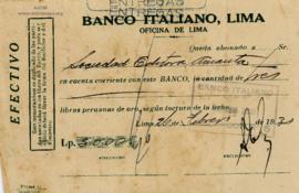 Constancia de Abono al Banco Italiano de Lima, 26/2/1930