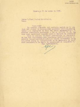 Carta de Teófilo V. a José Carlos Mariátegui, 11/3/1930