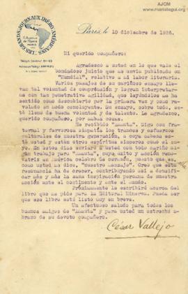 Carta de César Vallejo, 10/12/1926