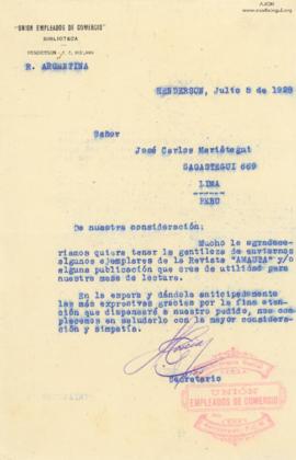 Carta de la Unión de Empleados de Comercio,5/7/1928
