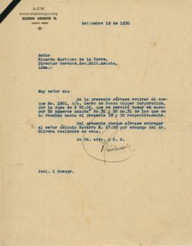 Carta de Ricardo Galarza, 19/9/1930