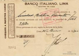 Constancia de Abono al Banco Italiano de Lima, 25/1/1930