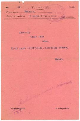 Telegrama enviado a Artemia, 6/3/1916