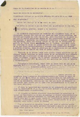 Copia de la resolución de la Célula Peruana del APRA en Buenos Aires, 14/4/1929