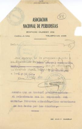 Carta de la Asociación Nacional de Periodistas [Perú], 22/11/1929