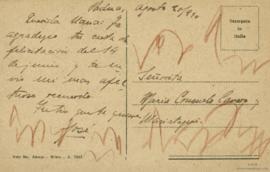 Tarjeta Postal a Maria Consuelo Cavero Mariátegui, 20/8/1920