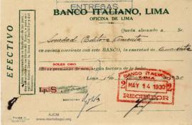 Constancia de Abono al Banco Italiano de Lima, 14/5/1930