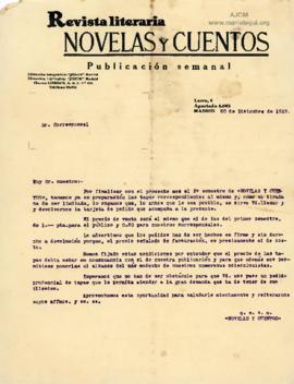 Carta de la Revista Literaria Novelas y Cuentos, 20/12/1929
