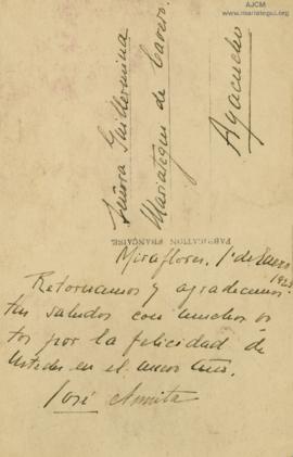 Tarjeta Postal a Guillermina Mariátegui de Cavero, 1/1/1923