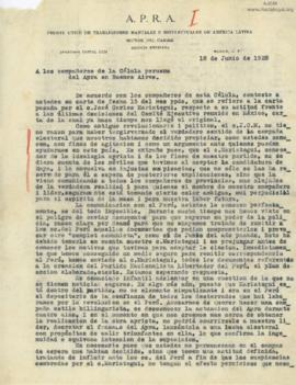 Carta de Magda Portal a los compañeros de la Célula peruana del Apra en Buenos Aires, 18/6/1928