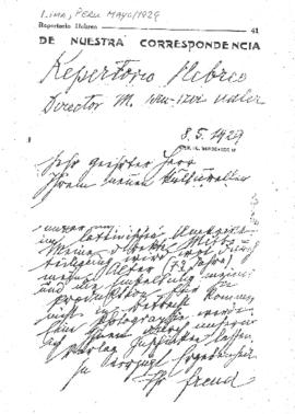 Carta de Sigmund Freud al director de Repertorio Hebreo (Miguel Adler)