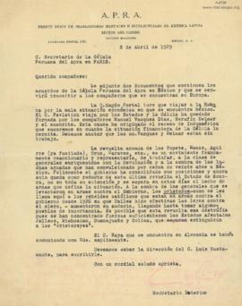 Carta del Carlos Manuel Cox al Secretario de la Célula Peruana del Apra en París, 8/4/1929