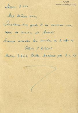 Tarjeta Postal de Vitalis J. Kontovt, 8/10/1930