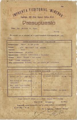 Presupuesto para la impresión de un libro para Enrique D. Tovar