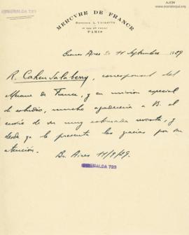 Carta de Robert Cahen Salaberry, 11/9/1929