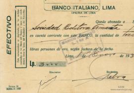Constancia de Abono al Banco Italiano de Lima, 8/1/1930