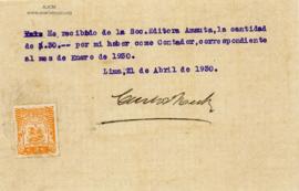 Recibo por Honorarios de Carlos Heck , 21/4/1930
