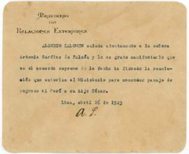 Carta de Alberto Salomon a Artemia Garfias de Falcón 26/4/1923