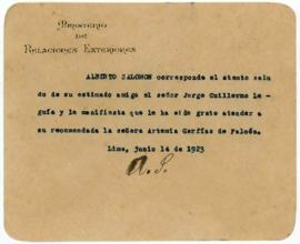 Carta de Alberto Salomon a Jorge Guillermo Leguía 14/6/1923